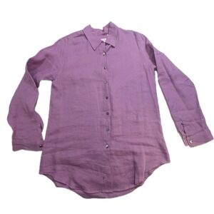 Womens 100% Linen Shirt Size 10 Purple Button Front Coastal Tunic Blouse